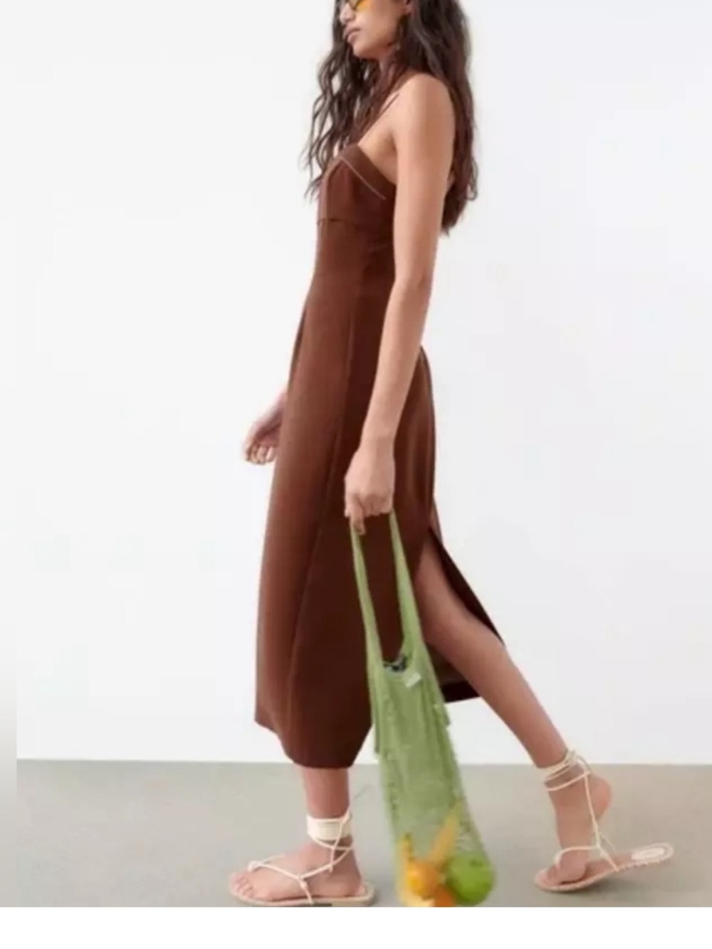 Zara Brown Strapless Midi Dress with Contrast Seams - Picture 2 of 7